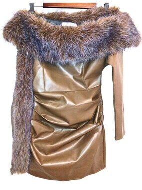 WOMEN'S TAUPE OFF THE SHOULDER BROWN AND GRAY FAUX FUR SHIRT DRESS - XXS